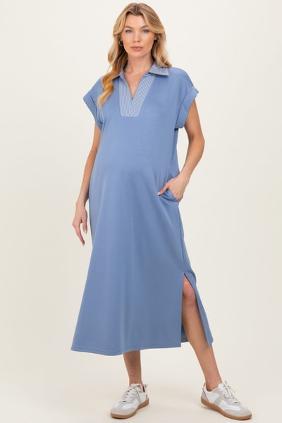 PinkBlush Blue Striped Collared Side Slit Maternity Midi Dress