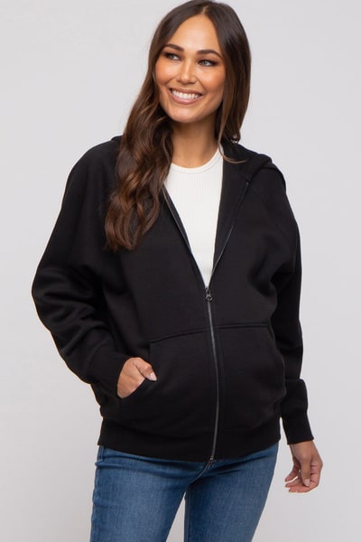PinkBlush Black Front Zipper Hooded Maternity Sweater