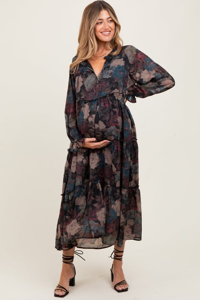 PinkBlush Black Floral Chiffon Ruffle Tiered Maternity Midi Dress