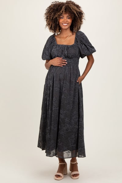 PinkBlush Charcoal Floral Square Neck Bubble Sleeve Maternity Mid Dress