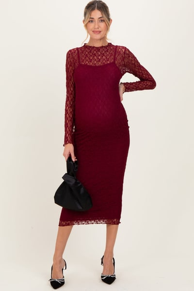 PinkBlush Burgundy Lace Overlay Fitted Maternity Midi Dress