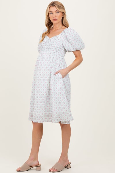 PinkBlush Green Floral Smocked Puff Sleeve Maternity Dress
