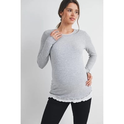Target Hello Miz Women's Ribbed Layer Contrast Long Sleeve Maternity Top - Grey/White - Small