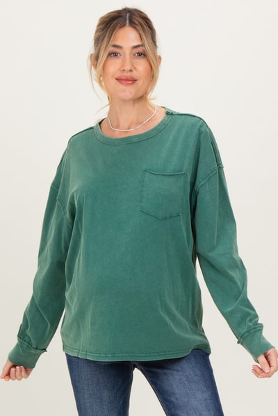 PinkBlush Green Oversized Washed Long Sleeve Pocket Maternity Top