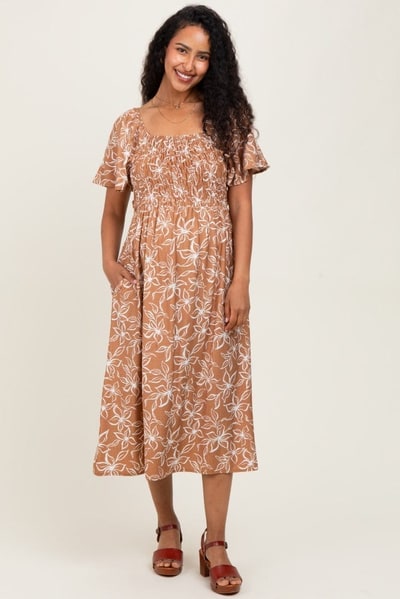 PinkBlush Mocha Floral Print Smocked Maternity Midi Dress
