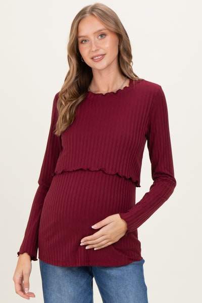 PinkBlush Burgundy Ribbed Ruffle Detail Maternity/Nursing Long Sleeve Top