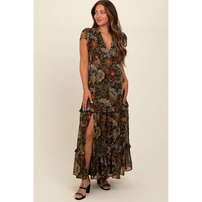 Target Pinkblush Black Floral Deep V-Neck Tiered Maternity Maxi Dress Medium