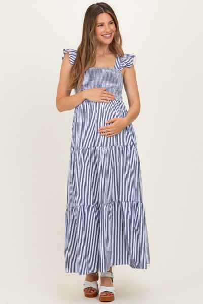 PinkBlush Navy Striped Ruffle Strap Smocked Maternity Maxi Dress