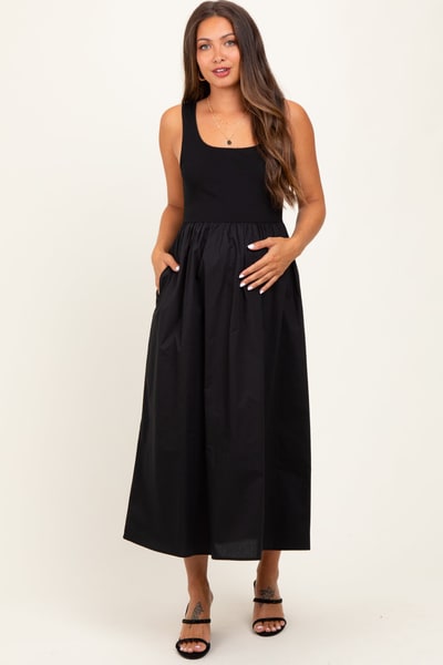 PinkBlush Black Contrast Sleeveless Square Neck Maternity Midi Dress