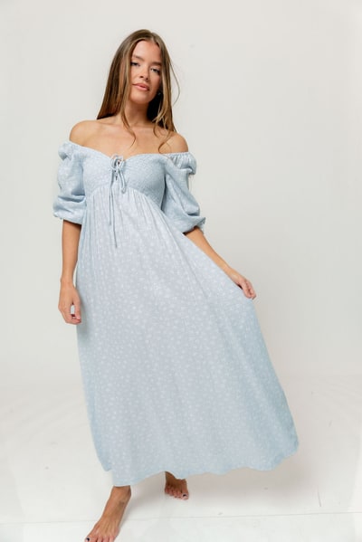 Worth Collective Cecilia 100% Cotton Smocked Maxi Dress in Baby Blue Foliage - Bump Friendly