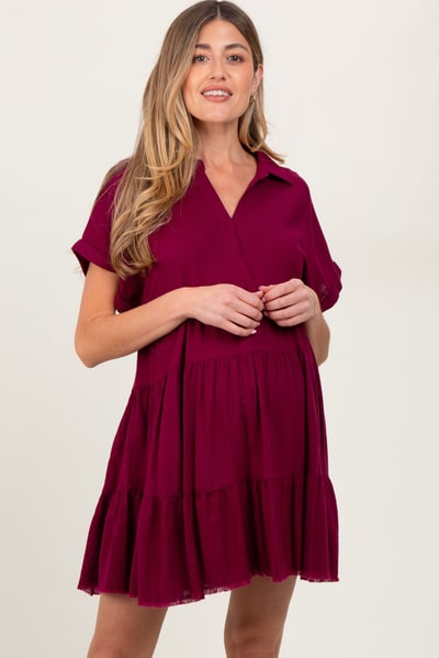 PinkBlush Burgundy Tiered Linen Maternity Dress