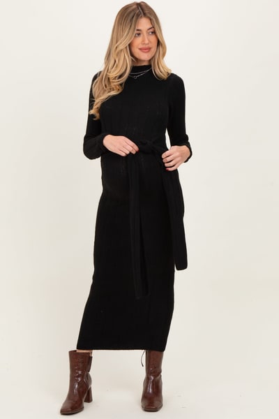 PinkBlush Black Ribbed Front Tie Maternity Maxi Sweater Dress