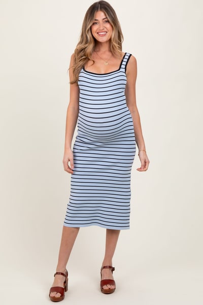 PinkBlush Light Blue Striped Knit Square Neck Maternity Midi Dress