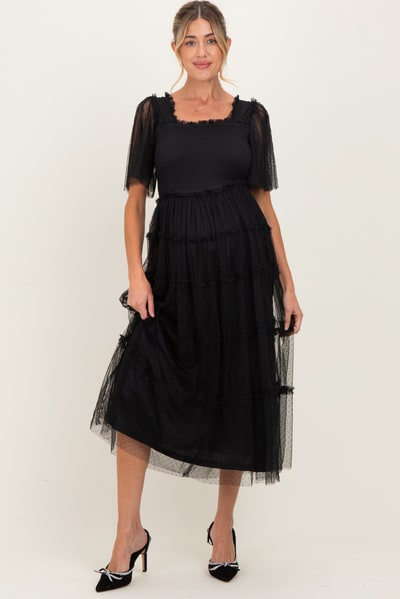 PinkBlush Black Ruffled Mesh Maternity Maxi Dress