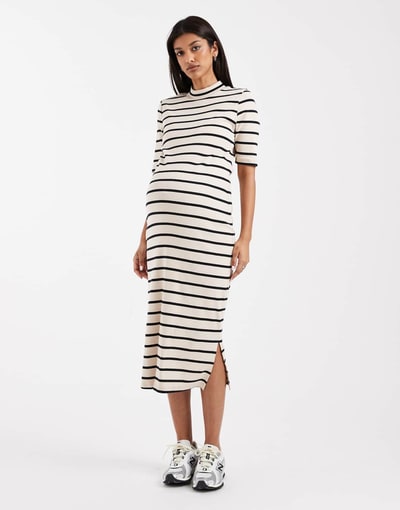 ASOS Mamalicious Maternity half sleeve high neck midi dress in cream with black stripes