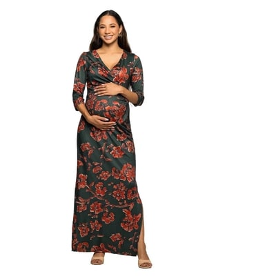 Target 24seven Comfort Apparel Maternity Green Floral Print Three Quarter Sleeve Side Slit Maxi Dress