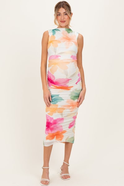 PinkBlush Multicolor Floral Ruched Sleeveless Maternity Midi Dress