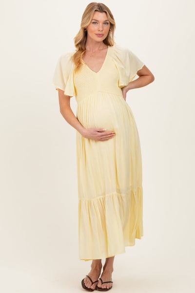 PinkBlush Yellow Smocked Maternity Midi Dress