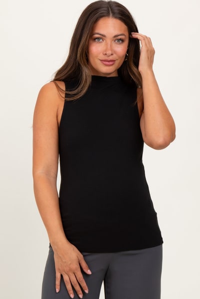 PinkBlush Black Ribbed Sleeveless Mock Neck Maternity Top