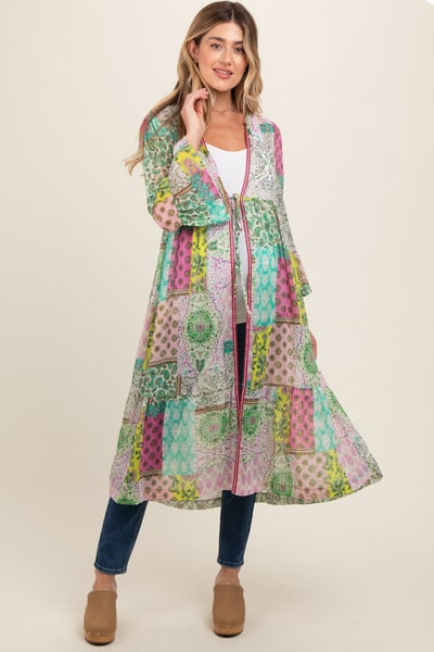 PinkBlush Green Floral Paisley Metallic Striped Tie Front Maternity Cover Up