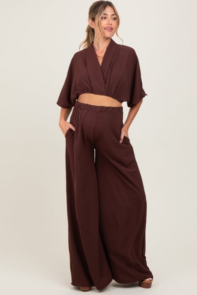 PinkBlush Brown Crop Blouse Wide Leg Pant Maternity Set