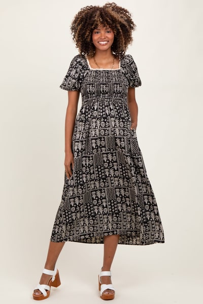 PinkBlush Black Patch Printed Smocked Maternity Midi Dress