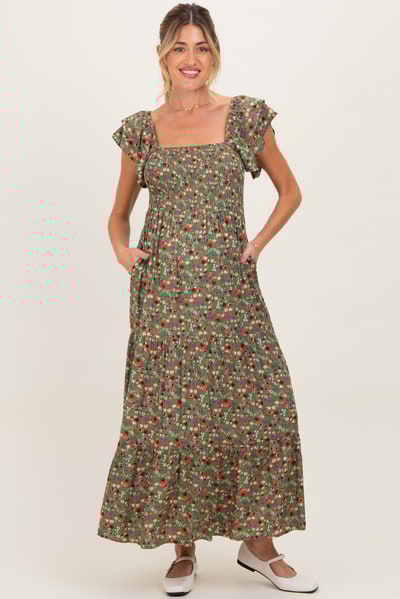 PinkBlush Olive Floral Off Shoulder Smocked Maternity Maxi Dress