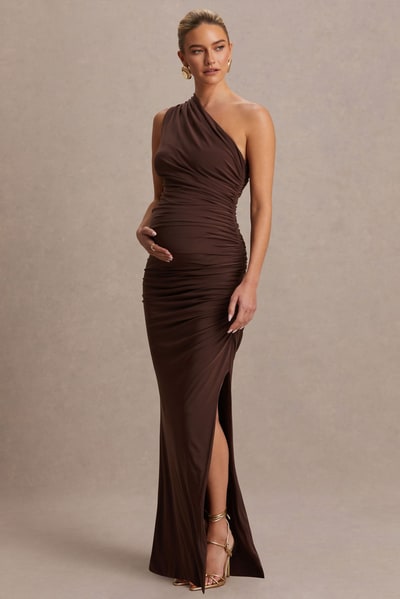 Club L London Darcie | Brown Asymmetric-Neck Maternity Maxi Dress