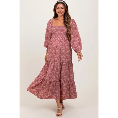 Target Pinkblush Mauve Floral Smocked Square Neck Maternity Maxi Dress Small