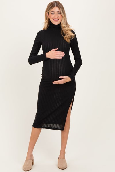 PinkBlush Black Ribbed Knit Turtleneck Side Slit Maternity Dress