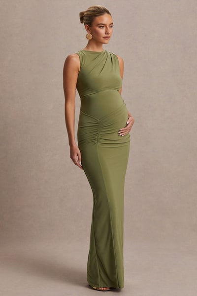 Club L London Raven | Olive Boat-Neck Maternity Maxi Dress With Gathered-Detailing