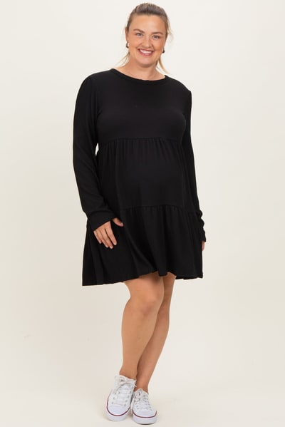 PinkBlush Black Textured Rib Tiered Long Sleeve Maternity Plus Dress