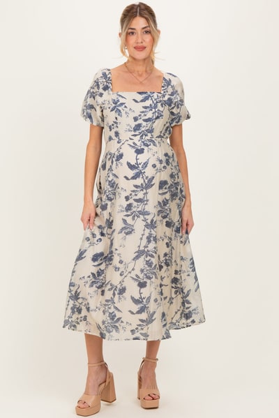 PinkBlush Navy Blue Floral Square Neck Puff Sleeve Maternity Midi Dress