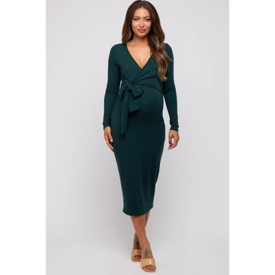 Target Pinkblush Forest Green Ribbed Long Sleeve Maternity Wrap Dress Medium