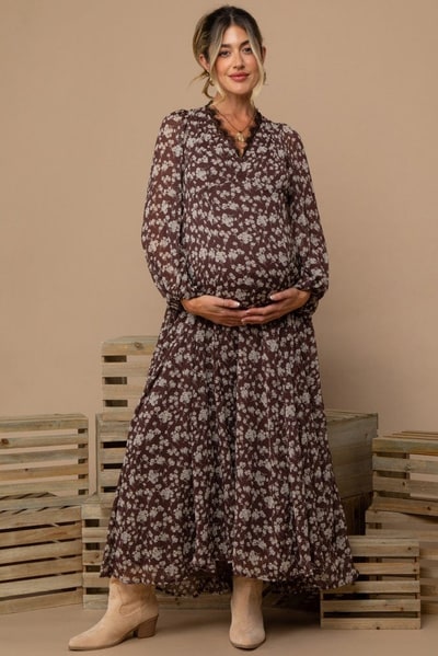 PinkBlush Brown Floral Chiffon Lace Trim Back Tie Maternity Maxi Dress
