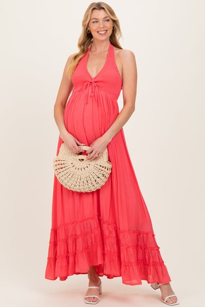 PinkBlush Coral Halter Neck Smocked Maternity Maxi Dress