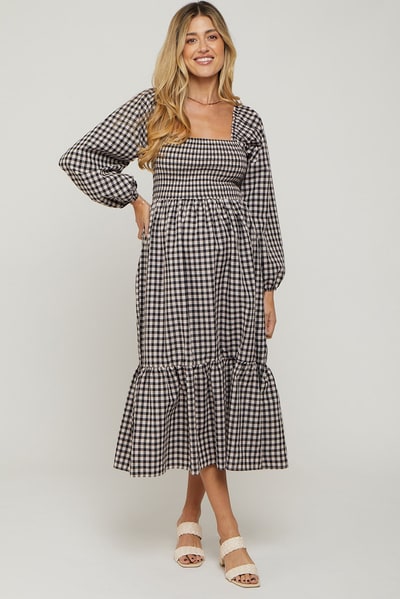 PinkBlush Black Gingham Long Sleeve Maternity Midi Dress