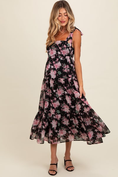PinkBlush Black Floral Print Tie Strap Maternity Midi Dress