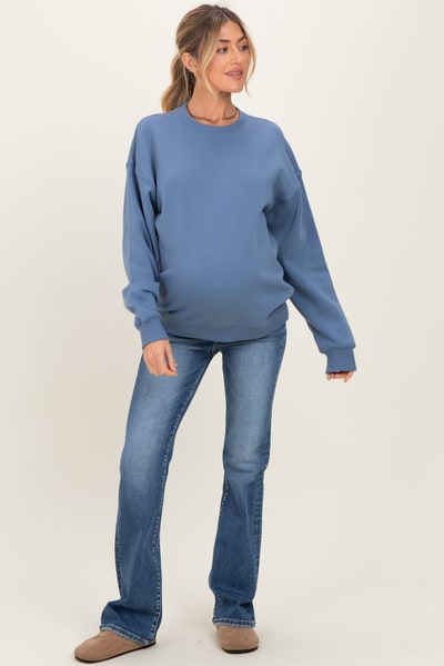 PinkBlush Dusty Blue Fleece Crew Neck Relaxed Fit Maternity Sweatshirt