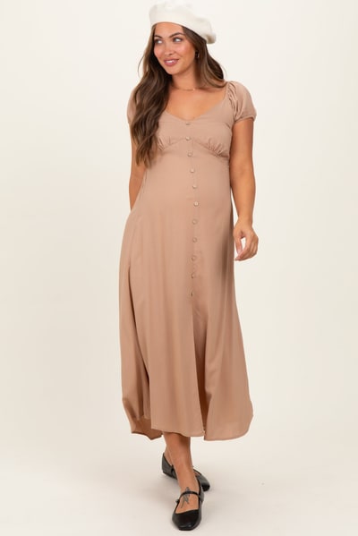 PinkBlush Camel Button Accent Front Slit Maternity Midi Dress