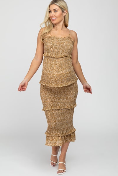 PinkBlush Mustard Leaf Print Smocked Fitted Maternity Midi Dress