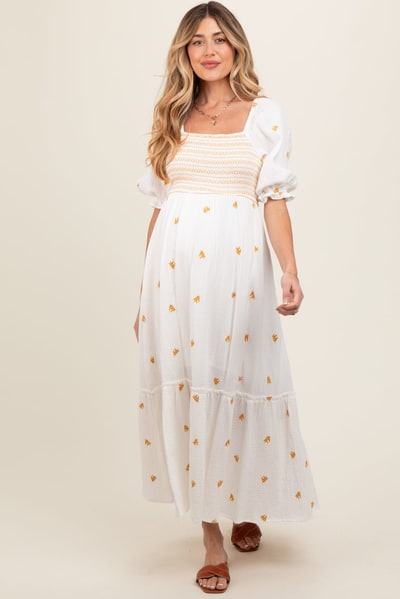 PinkBlush Ivory Gauze Smocked Embroidered Square Neck Maternity Midi Dress