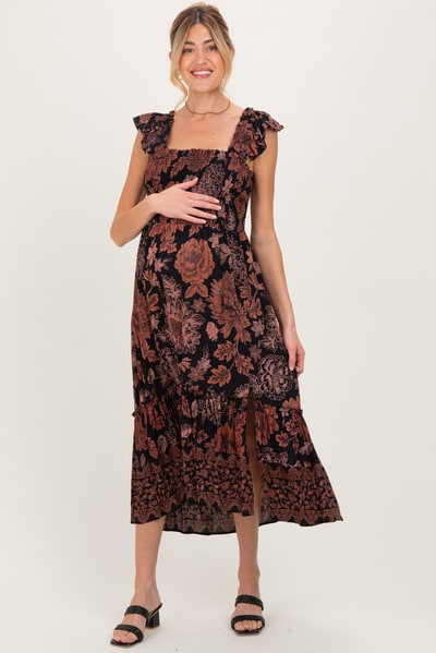 PinkBlush Black Floral Smocked Flutter Sleeve Maternity Midi Dress