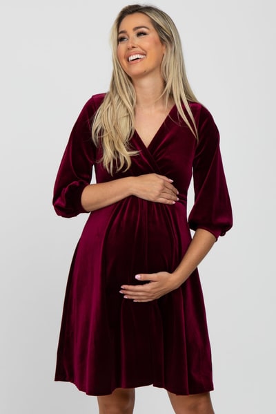 PinkBlush Burgundy Velvet Wrap Front Babydoll Maternity Dress