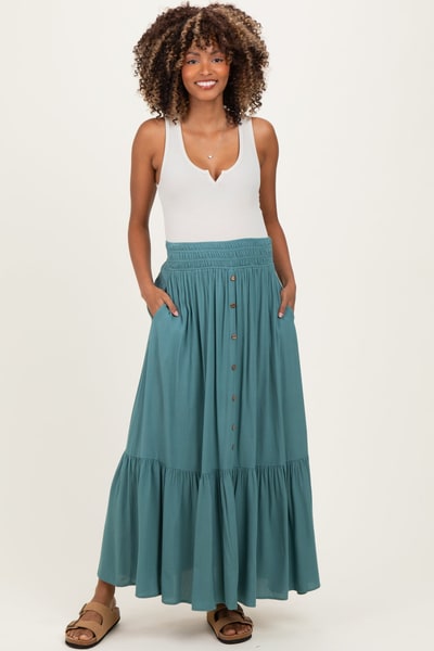 PinkBlush Turquoise Smocked Waist Button Detail Maternity Maxi Skirt
