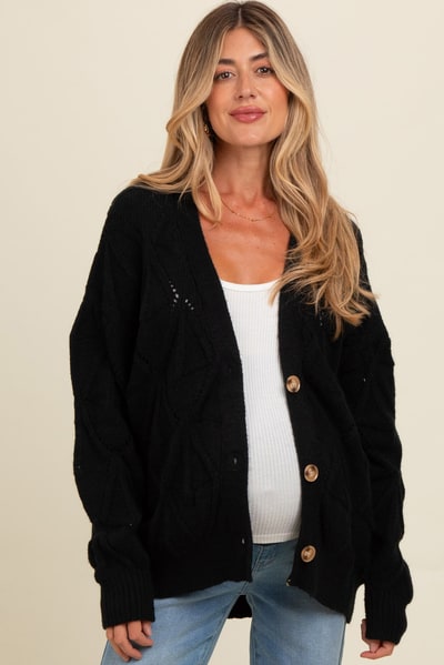 PinkBlush Black Textured Button Up Sweater Maternity Cardigan