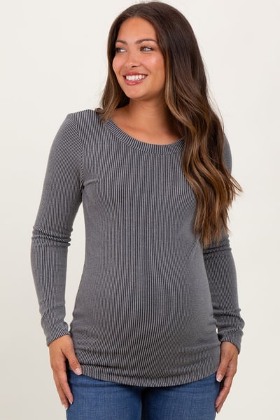 PinkBlush Grey Ribbed Scoop Neck Long Sleeve Maternity Top