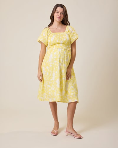 Kindred Bravely Lola Smocked Maternity & Nursing Midi Dress | Yellow Floral
