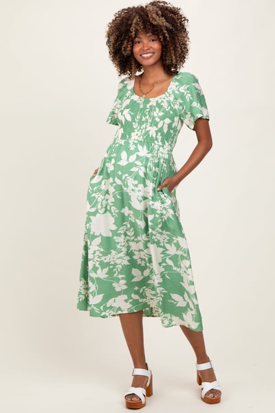 PinkBlush Green Floral Smocked Short Sleeve Maternity Midi Dress