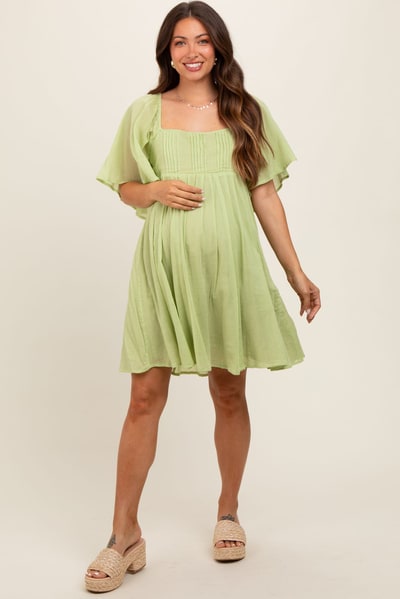 PinkBlush Green Square Neck Pleated Flutter Short Sleeve Maternity Dress